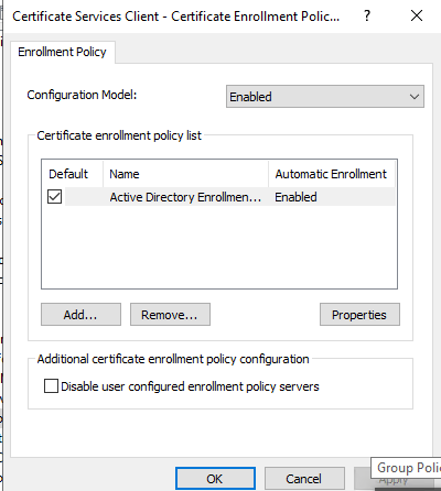 [Screenshot: Auto-Enrollment Policy Properties]